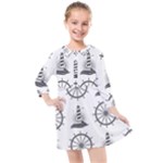 Marine-nautical-seamless-pattern-with-vintage-lighthouse-wheel Kids  Quarter Sleeve Shirt Dress