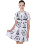 Marine-nautical-seamless-pattern-with-vintage-lighthouse-wheel Short Sleeve Shoulder Cut Out Dress 