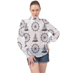 Marine-nautical-seamless-pattern-with-vintage-lighthouse-wheel High Neck Long Sleeve Chiffon Top