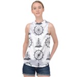 Marine-nautical-seamless-pattern-with-vintage-lighthouse-wheel High Neck Satin Top