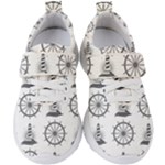 Marine-nautical-seamless-pattern-with-vintage-lighthouse-wheel Kids  Velcro Strap Shoes