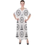 Marine-nautical-seamless-pattern-with-vintage-lighthouse-wheel V-Neck Boho Style Maxi Dress