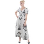 Marine-nautical-seamless-pattern-with-vintage-lighthouse-wheel Button Up Short Sleeve Maxi Dress