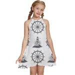 Marine-nautical-seamless-pattern-with-vintage-lighthouse-wheel Kids  Halter Collar Waist Tie Chiffon Dress