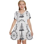 Marine-nautical-seamless-pattern-with-vintage-lighthouse-wheel Kids  Short Sleeve Tiered Mini Dress