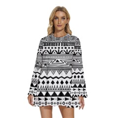 Round Neck Long Sleeve Bohemian Style Chiffon Mini Dress 
