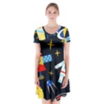 Space Seamless Pattern Short Sleeve V-neck Flare Dress