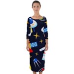 Space Seamless Pattern Quarter Sleeve Midi Bodycon Dress