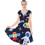 Space Seamless Pattern Cap Sleeve Front Wrap Midi Dress