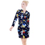 Space Seamless Pattern Button Long Sleeve Dress