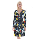 Space Seamless Pattern Long Sleeve Velvet Front Wrap Dress