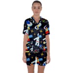 Space Seamless Pattern Satin Short Sleeve Pajamas Set