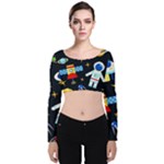 Space Seamless Pattern Velvet Long Sleeve Crop Top