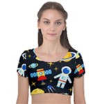 Space Seamless Pattern Velvet Short Sleeve Crop Top 