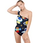 Space Seamless Pattern Frilly One Shoulder Swimsuit