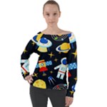 Space Seamless Pattern Off Shoulder Long Sleeve Velour Top