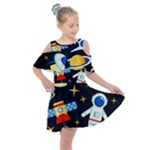 Space Seamless Pattern Kids  Shoulder Cutout Chiffon Dress