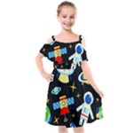 Space Seamless Pattern Kids  Cut Out Shoulders Chiffon Dress