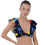 Space Seamless Pattern Plunge Frill Sleeve Bikini Top