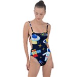 Space Seamless Pattern Tie Strap One Piece Swimsuit