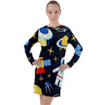 Space Seamless Pattern Long Sleeve Hoodie Dress