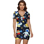 Space Seamless Pattern Low Cut Cap Sleeve Mini Dress