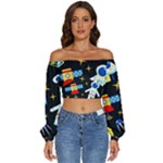 Space Seamless Pattern Long Sleeve Crinkled Weave Crop Top