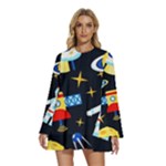 Space Seamless Pattern Round Neck Long Sleeve Bohemian Style Chiffon Mini Dress