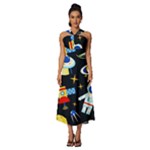 Space Seamless Pattern Sleeveless Cross Front Cocktail Midi Chiffon Dress