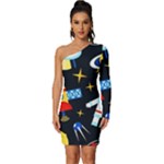 Space Seamless Pattern Long Sleeve One Shoulder Mini Dress