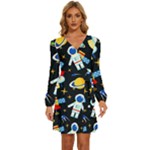 Space Seamless Pattern Long Sleeve Waist Tie Ruffle Velvet Dress