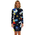 Space Seamless Pattern Long Sleeve Shirt Collar Bodycon Dress