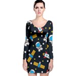 Seamless-adventure-space-vector-pattern-background Long Sleeve Velvet Bodycon Dress