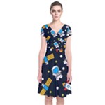 Seamless-adventure-space-vector-pattern-background Short Sleeve Front Wrap Dress