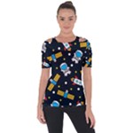 Seamless-adventure-space-vector-pattern-background Shoulder Cut Out Short Sleeve Top