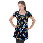 Seamless-adventure-space-vector-pattern-background Puff Sleeve Tunic Top