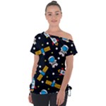 Seamless-adventure-space-vector-pattern-background Off Shoulder Tie-Up Tee