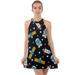 Seamless-adventure-space-vector-pattern-background Halter Tie Back Chiffon Dress