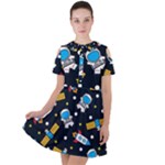 Seamless-adventure-space-vector-pattern-background Short Sleeve Shoulder Cut Out Dress 