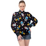 Seamless-adventure-space-vector-pattern-background High Neck Long Sleeve Chiffon Top