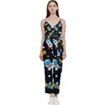 Seamless-adventure-space-vector-pattern-background V-Neck Spaghetti Strap Tie Front Jumpsuit