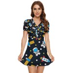 Seamless-adventure-space-vector-pattern-background V-Neck High Waist Chiffon Mini Dress