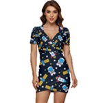 Seamless-adventure-space-vector-pattern-background Low Cut Cap Sleeve Mini Dress