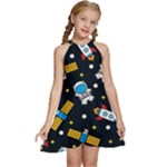 Seamless-adventure-space-vector-pattern-background Kids  Halter Collar Waist Tie Chiffon Dress