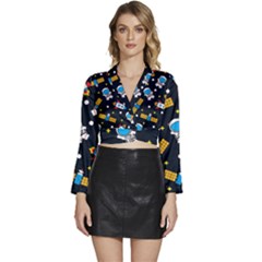 Long Sleeve Tie Back Satin Wrap Top 