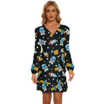 Seamless-adventure-space-vector-pattern-background Long Sleeve Waist Tie Ruffle Velvet Dress
