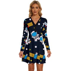 Long Sleeve Deep V Mini Dress  