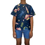 Seamless-pattern-with-funny-aliens-cat-galaxy Kids  Short Sleeve Swimwear