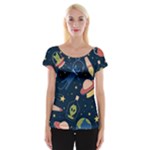 Seamless-pattern-with-funny-aliens-cat-galaxy Cap Sleeve Top