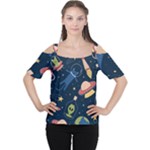 Seamless-pattern-with-funny-aliens-cat-galaxy Cutout Shoulder Tee